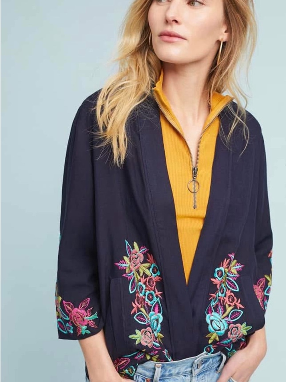 Anthropologie Navy Embroidered Floral Open Jacket